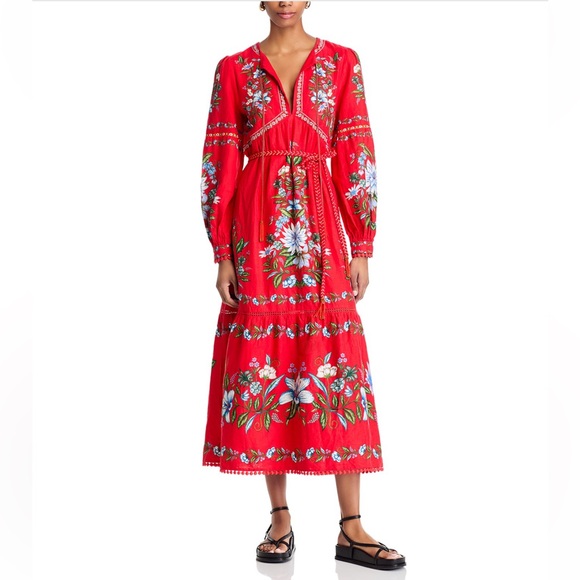 FARM Rio Red Floral Long Sleeve Midi Dress - joarbit.com